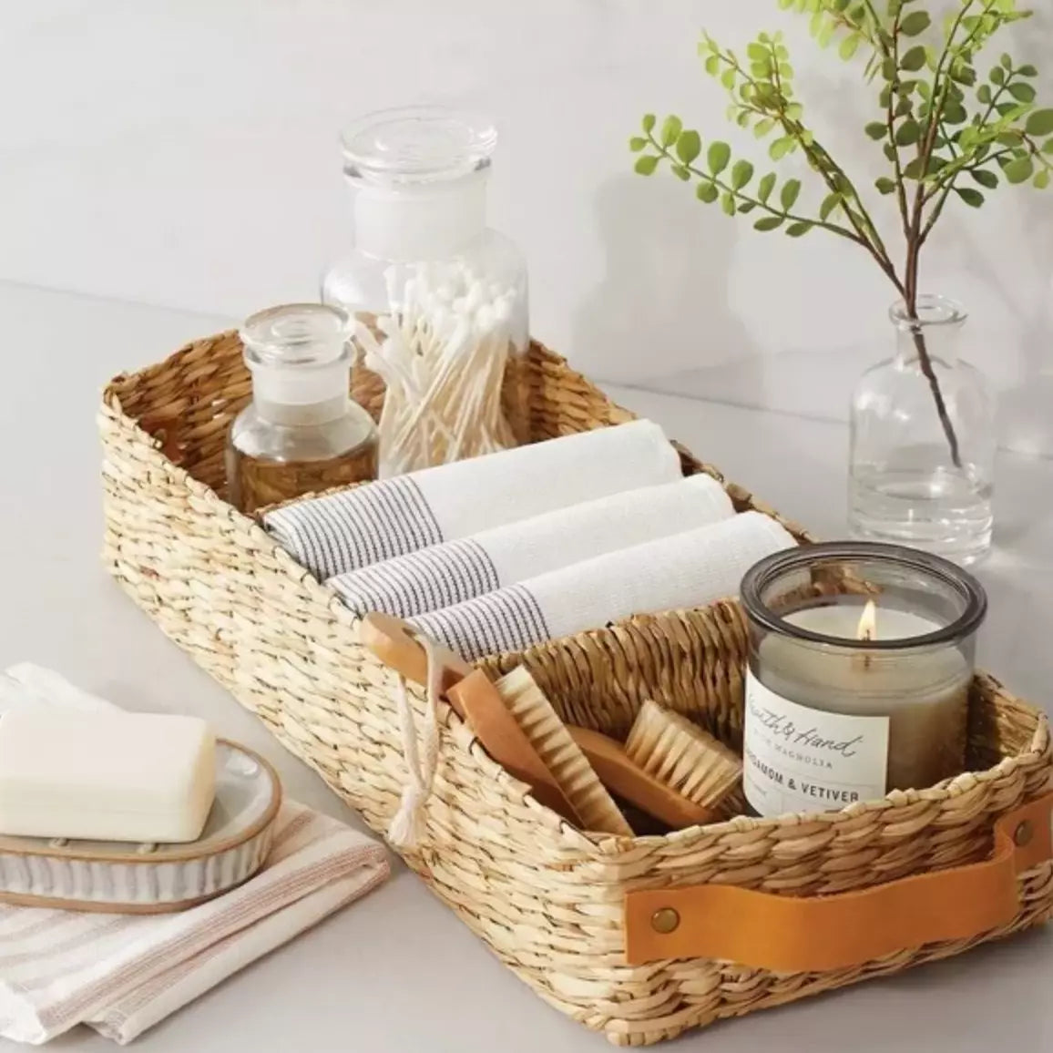 3 Compartment Woven Tank Tray with Leather Handles Beige - Hearth & Handwith Magnolia