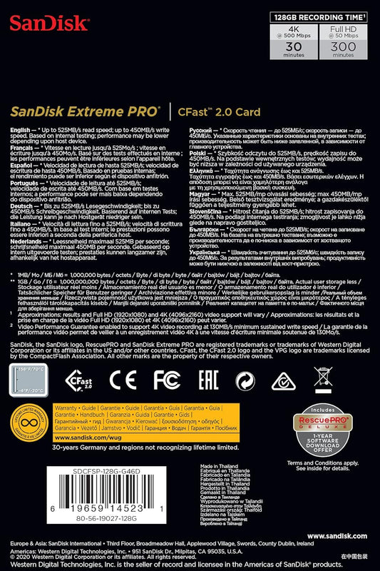 SanDisk SDCFSP-128G-G46D. Capacity: 128 GB Flash Card Type: CFast 2.0 Read Speed: 525 MB/s Write Speed: 450 MB/s. Product Colour: Black Silver