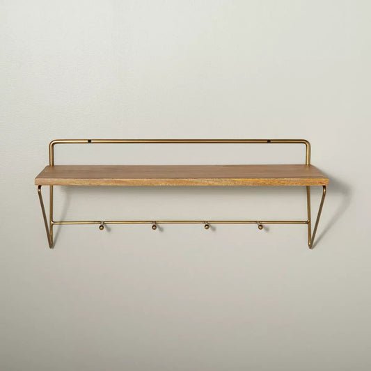 24" Wood & Brass Wall Shelf with Hooks - Hearth & Hand™ with Magnolia